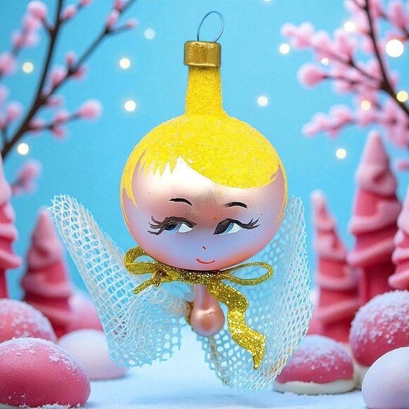 Vintage Pink Glass Angel Ornament Japan 1960s Yellow Glitter Hair Gold Bow v1 - Picture 1 of 10